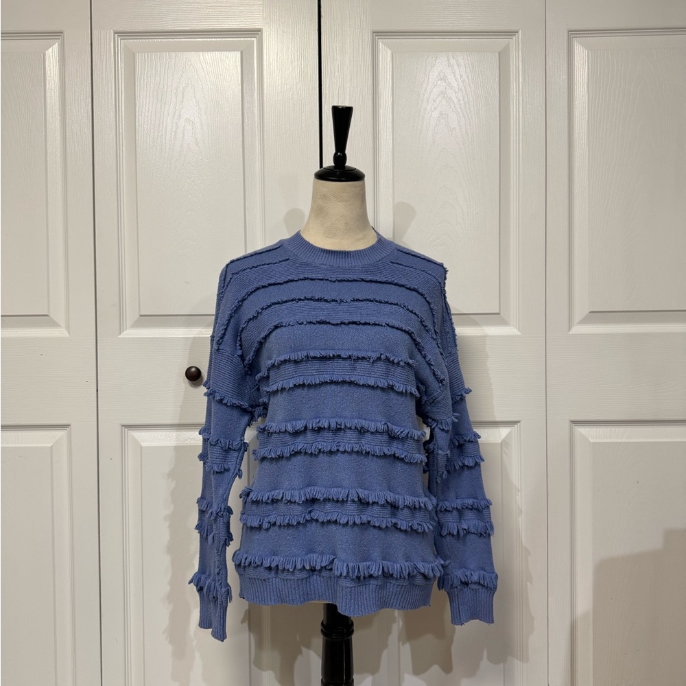 ANDTHEWHY Blue Boho Tiered Fringe Shag Sweater - Size M/L